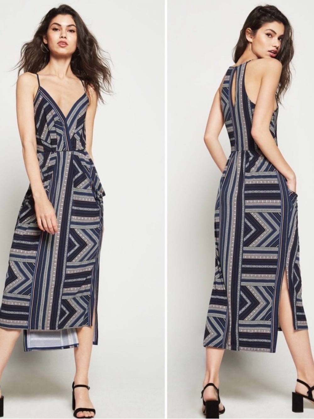 BCBGeneration Navy & Cream Geo Stripe Midi Dress